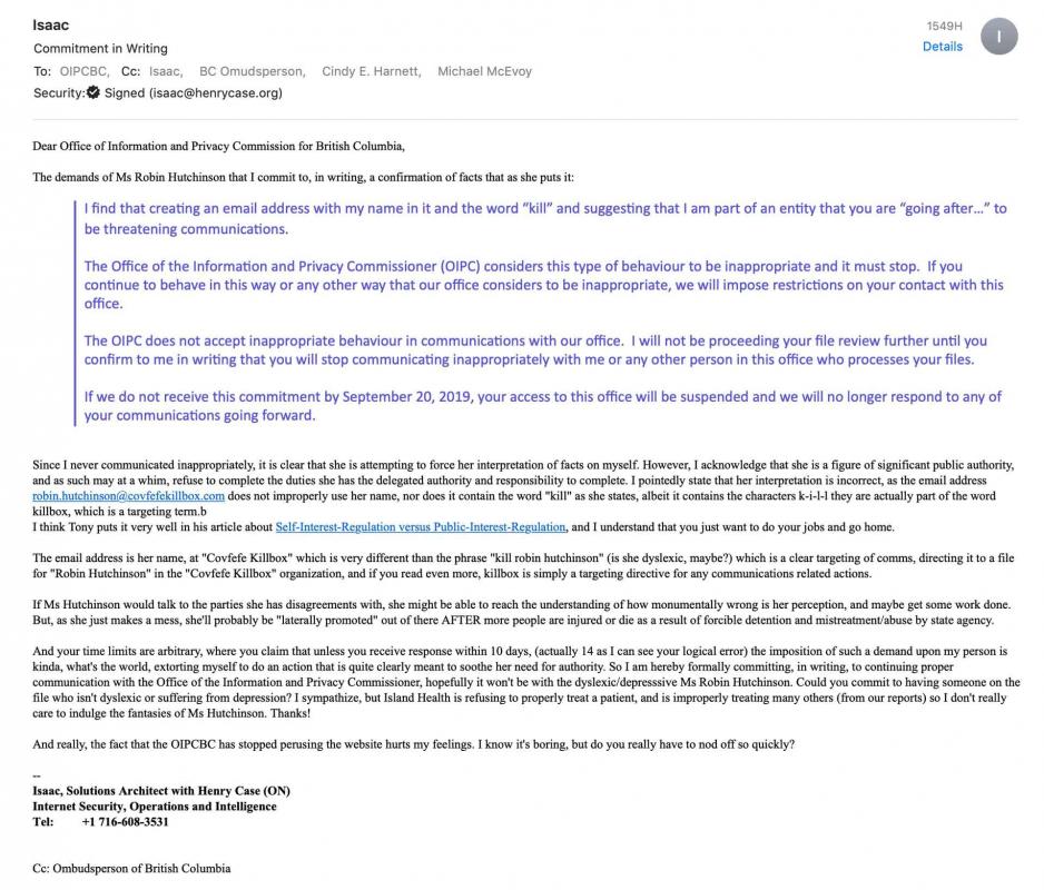 20190920: Isaac to OIPCBC re Lazy Robin Hutchinson's Extortion 20190920: Isaac to OIPCBC re Lazy Robin Hutchinson's Extortion