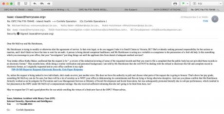 Isaac to OIPCBC re Ms Robin Hutchinson  cc Covfefe KIllbox, BC Ombudsperson
